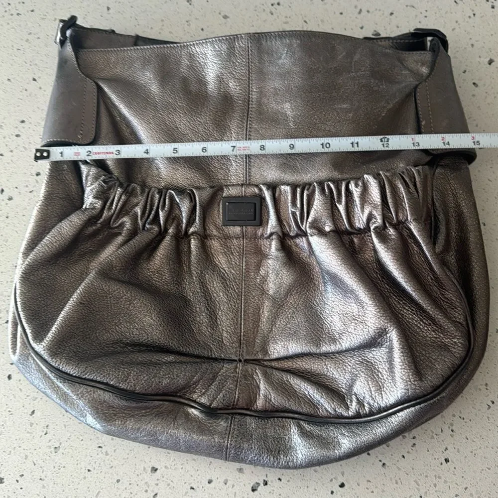 Burberry Warrior Metallic Pewter Leather Satchel Shoulder Handbag Hobo Ruched
